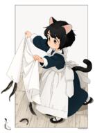 1girl 95130816_p0 akai_sashimi animal_ears apron artist_name black_eyes black_footwear black_hair border cat_ears cat_girl cat_tail fish full_body hands_up highres long_sleeves maid original outside_border safe short_hair solo tail white_apron white_border // 859x1200 // 485.7KB