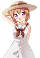 1girl arm_behind_back arm_behind_head arm_up bangs blush breasts bright_pupils brown_hair brown_neckerchief brown_ribbon clothing cowboy_shot dot_nose dress eyebrows_visible_through_hair eyes_visible_through_hair female general gochuumon_wa_usagi_desu_ka? hair_between_eyes haru_(konomi_150) hat hat_ribbon headwear high_resolution highres hoto_cocoa konomi_150 light_brown_hair long_hair looking_at_viewer low_twintails medium_breasts neckerchief one_arm_up open_mouth purple_eyes ribbon s sailor_collar sankaku sidelocks simple_background sleeveless sleeveless_dress smile solo standing straw_hat tied_hair twintails white_background white_dress white_sailor_collar yellow_headwear // 1071x1551 // 493.2KB