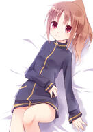 10s 1_female 1girl bad_id bad_pixiv_id bare_legs bed bottomless brown_hair female hair_tie jacket kyuri legs long_sleeves lying naked_jacket naked_track_jacket no_panties no_pants nude ponytail questionable red_eyes safe saki saki_achiga-hen smile solo takakamo_shizuno tied_hair track_jacket // 566x800 // 122.0KB