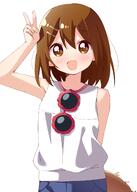 1girl bangs blush brown_eyes brown_hair clothing d eyebrows_visible_through_hair female hair_ornament hairclip haru_(konomi_150) high_resolution hirasawa_yui k-on! konomi_150 looking_at_viewer one_arm_up open-mouth_smile open_mouth s sankaku shirt short_hair simple_background sleeveless smile solo v white_background white_shirt // 1143x1599 // 511.6KB