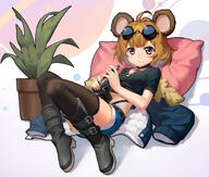 1095607044 1_female 1girl ahoge animal_ears bangs bear_girl belt black_boots black_footwear black_legwear black_shirt blunt_bangs boots breasts brown_hair chunrijun_(springer) closed_mouth clothes_removed commentary_request crop_top ears expressionless eyewear eyewear_on_head female firearm footwear girls'_frontline girls_frontline grizzly_mkv grizzly_mkv_(girls'_frontline) grizzly_mkv_(girls_frontline) grizzly_mkv_(teddy_transform!)_(girls'_frontline) guangfu_bao_tong_meng0-0 gun handgun holding holding_gun holding_object holding_weapon jacket jacket_removed knee_boots legwear lolibooru.moe long_hair looking_at_viewer lying mature medium_breasts official_alternate_costume on_back photoshop_(medium) pillow pistol pixiv_63302278 plant potted_plant pov purple_eyes racking_slide safe shirt short_shorts short_sleeves shorts solo sunglasses sunglasses_on_head thigh-highs thighhighs weapon younger グリズリーmkv 仰臥 少女前線500users入り 春日君 灰熊mkv // 1949x1654 // 1.2MB