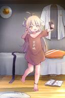 1girl absurdres amazon_(company) antenna_hair bangs bare_legs barefoot bed_sheet blonde_hair blush book cellphone child chinese_commentary clock commentary_request d fang feet female_child flat_chest general hair_between_eyes hand_up highres holding holding_phone huge_filesize indoors jacket kuma-bound leg_up lolibooru long_hair long_shirt motion_lines open_book open_mouth original phone safe sdgundam22455 short_sleeves smartphone smile solo toes v wall_clock white_jacket wooden_floor yellow_eyes うちの子 オリジナル ロリ 女の子 少女 猛男起床~ 空手 裸足 足指 道着 // 2000x3000 // 10.9MB