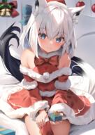 1girl animal_ear_fluff animal_ears aqua_eyes bangs bare_shoulders bow bowtie braid breasts closed_mouth commentary_request dress fox_ears fox_girl fox_tail fur-trimmed_dress fur_collar fur_trim gift grey_hair hair_between_eyes highres holding holding_gift hololive long_sleeves looking_at_viewer medium_breasts off-shoulder_dress off_shoulder pentagram red_bow red_bowtie red_dress red_headwear sensitive shirakami_fubuki short_dress side_braid sidelocks sitting smile solo tail uechin_ewokaku virtual_youtuber // 1641x2321 // 3.6MB