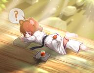 1girl ahoge animal_ears barefoot bear_ears bear_girl bear_tail bell black_belt brown_hair dougi feet hair_bell hair_ornament highres karate karate_gi kuma-bound lolibooru looking_at_viewer lying on_stomach original red_eyes safe solo tail twin_tails // 2302x1784 // 7.2MB