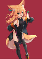 1girl animal_ear_fluff animal_ears armpits bare_shoulders black_dress black_jacket black_legwear blonde_hair breasts china_dress chinese_clothes covered_navel dress eyebrows eyebrows_visible_through_hair fang female fox_ears fox_girl fox_tail green_eyes hair_between_eyes hair_ribbon hand_on_hip hand_up holding jacket kokonoe_tsubaki long_hair long_sleeves looking_at_viewer multiple_tails no_bra no_panties off_shoulder open_clothes open_jacket open_mouth original pelvic_curtain red_background ribbon ribs safe shoes shoulders sideboob simple_background sleeveless sleeveless_dress small_breasts sneakers tail thighhighs thighs two_tails v-shaped_eyebrows yoshizawa_tsubaki zettai_ryouiki // 1003x1417 // 566.4KB