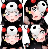 1girl akegata_tobari animal_ears bear_ears bear_girl black_bow black_bowtie black_dress black_hair black_neckwear blush bow bowtie chibi_kumamon_(kemono_friends) commentary_request dress extra_ears fangs female grey_eyes hair_ornament heart heart_hair_ornament high_resolution highres kemono_friends kumamon long_hair multicolored_hair multiple_views open_mouth red_hair redhead s sankaku see-through sidelocks smile star_(symbol) star_hair_ornament white_hair // 1775x1797 // 338.9KB