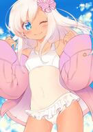 1girl alternate_costume beach bikini bikini_skirt blonde_hair blue_eyes blue_sky breasts cloud cowboy_shot crop_top day flower hair_between_eyes hair_ribbon highres jacket kantai_collection lips lolibooru long_sleeves looking_at_viewer official_alternate_costume one-piece_tan one_eye_closed open_mouth outdoors pink_jacket pink_ribbon revision ribbon ro-500_(kancolle) ro-500_(kantai_collection) safe sensitive skirt sky small_breasts solo swimsuit tan tanline tanlines track_jacket tsukimochikuriko_(tsukimochi_k) // 1200x1694 // 199.7KB