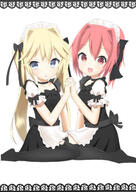 2girls bad_id bad_pixiv_id blonde_hair blue_eyes blush female hand_holding hands_clasped hands_together high_resolution highres holding_hands interlocked_fingers long_hair maid maid_headdress mature morinaoekaki multiple_females multiple_girls open_mouth original pink_eyes pink_hair safe short_hair thigh-highs thighhighs tied_hair twintails // 1000x1412 // 202.9KB
