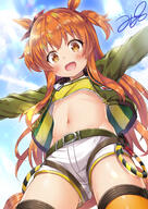 1girl animal_ears belt blush bomber_jacket breasts clothing commentary_request female female_only female_solo high_resolution highres horse_ears horse_girl horse_tail jacket looking_at_viewer mayano_top_gun_(uma_musume) mayano_top_gun_(umamusume) midriff navel orange_eyes orange_hair outstretched_arms s safe sankaku sensitive shorts sky small_breasts solo spread_arms tail uma_musume_-_pretty_derby umamusume yukino_minato // 1074x1516 // 493.0KB