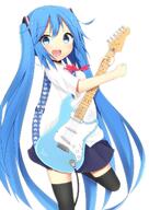 alternate_outfit black_legwear blue_eyes blue_hair female guitar guitar_strap hatsune_miku leg_up long_hair looking_at_camera mobile_wallpaper morinaoekaki musical_instrument open_mouth pick ribbon short_sleeves simple_background skirt smile solo thigh_highs twin_tails vocaloid white_background zettai_ryouiki // 1000x1414 // 219.0KB