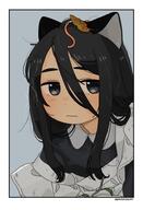 1girl akai_sashimi animal_ears black_eyes black_hair border cat_ears expressionless grey_background hair_between_eyes leaf leaf_on_head long_hair original safe signature simple_background solo upper_body white_border worms // 653x960 // 79.9KB