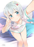 10s 1_female 1girl adrenaline!!! aqua_eyes artist_name atfbooru.ninja bangs bed blue_eyes blush bow braid clavicle closed_mouth clothes_writing collarbone commentary_request eromanga_sensei explicit explicit_content eyebrows eyebrows_visible_through_hair feet_apart female grey_hair hair_bow hair_ornament high_resolution highres izumi_sagiri kibun-ya knees_together knees_together_feet_apart lolibooru lolibooru.moe long_hair looking_at_viewer mature murilo-giva murio nsfw pink_bow pixiv_11507997 pixiv_63541606 pov reaching_out ribbon safe sankaku_channel self-shot self_shot selfie sensitive short_sleeves signature silver_hair sitting smile solo tareme tareme_eyes text_on_clothes thighs tied_hair twintails v young おさげも似合うかもっ♪ きぶん屋 // 935x1312 // 715.8KB