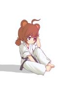 1girl absurdres ahoge animal_ears barefoot bear_ears bear_girl bell black_belt blush brown_hair closed_mouth commentary_request dougi feet flat_chest hair_bell hair_ornament highres karate karate_gi kuma-bound lolibooru on_ground original pants purple_belt red_eyes safe shirt short_sleeves short_twintails simple_background sitting solo toes twin_tails twintails white_background white_pants white_shirt // 2000x3000 // 944.5KB