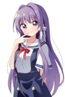 1girl bangs blush clannad clothing female fujibayashi_kyou general hair_intakes hair_ornament hair_ribbon hand_up haru_(konomi_150) high_resolution highres konomi_150 long_hair looking_to_the_side neck_ribbon purple_eyes purple_hair ribbon s sankaku school_uniform serafuku short_sleeves simple_background skirt smile solo suspender_skirt suspenders uniform v very_long_hair // 1124x1677 // 2.0MB