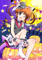 1girl absurdres adjusting_clothes adjusting_legwear bangs bat bat_(animal) black_bow black_bowtie black_headwear black_jacket black_neckwear black_shorts blazer blue_eyes bow bowtie brown_hair candy commentary dress_shirt eyebrows_visible_through_hair food frilled_jacket frills full_moon hair_ribbon halloween halloween_costume hat highres jack-o'-lantern jacket knee_up looking_at_viewer lyrical_nanoha mahou_shoujo_lyrical_nanoha medium_hair mini_hat mini_top_hat miyajima_hitoshi moon night night_sky one_eye_closed open_mouth pixiv_artist_908538 pixiv_file_908538_lou pixiv_file_93836560 ribbon safe shirt short_shorts shorts sitting sky sleeveless sleeveless_jacket smile socks solo star_(symbol) string_of_flags striped striped_shorts takamachi_nanoha tilted_headwear top_hat twintails vertical-striped_shorts vertical_stripes white_legwear white_ribbon white_shirt white_socks witch_hat wrist_cuffs // 1768x2500 // 3.4MB