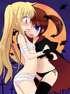 2d_art 2girls bad_id bad_pixiv_id bandage bandages bat bat_(animal) black_legwear blonde_hair blue_eyes blush bodily_fluids brown_hair cape embarrassed fang fate_testarossa female gloves halloween hand_on_another's_back hand_on_back highres kazami_ruku legwear lesbian long_hair lyrical_nanoha mahou_shoujo_lyrical_nanoha mahou_shoujo_lyrical_nanoha_a's mature monster multiple_females multiple_girls mummy navel open_mouth panties photoshop_(medium) pixiv_31165735 questionable red_eyes rukruk short_twintails side-tie side-tie_panties stomach sweat sweatdrop takamachi_nanoha thigh-highs thighhighs tied_hair twintails undead underwear vampire yuri 悪魔でいいよ☆ // 1200x1600 // 298.0KB
