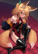 1girl animal_ears armpit_crease bare_shoulders black_jacket black_thighhighs blonde_hair dress fox_ears fox_girl fox_tail green_eyes halterneck highres jacket kitsune knee_up kokonoe_tsubaki long_hair looking_at_viewer multiple_tails no_panties no_shoes off_shoulder one_side_up open_clothes open_jacket original parted_lips pelvic_curtain red_dress sensitive shiny shiny_clothes shiny_legwear sitting sleeveless sleeveless_dress smile solo tail thighhighs thighs two_tails yoshizawa_tsubaki // 1003x1416 // 857.1KB