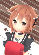 1_female animal_ears backpack bad_id bad_pixiv_id bag blush brown_eyes brown_hair choker ears fang female girl heart high_resolution highres holding looking_at_viewer mature morinaoekaki original pov randoseru safe school_bag short_hair single smile solo tall_image // 1550x2191 // 359.3KB