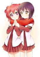 2girls ahoge akaza_akari brown_eyes commentary_request double_bun female funami_yui hair_bun heart high_resolution highres layered_sleeves long_sleeves multiple_females multiple_girls mushuu nanamori_school_uniform open_mouth purple_eyes purple_hair red_hair safe sailor_uniform scarf school_uniform schoolgirl_uniform serafuku shared_clothes shared_scarf short_hair short_over_long_sleeves short_sleeves simple_background single_hair_bun uniform white_background yuru_yuri // 1000x1408 // 601.6KB