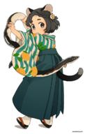 1girl < akai_sashimi animal_ears black_eyes black_hair braid cat_ears cat_girl cat_tail eel flower french_braid hair_flower hair_ornament hakama highres holding japanese_clothes kimono original safe short_hair tabi tail white_background wide_sleeves zouri // 761x1200 // 334.6KB