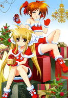 2girls absurdres art bike_shorts blue_eyes boots brown_hair christmas dress fate_testarossa female footwear higa_yukari legs legwear long_hair lyrical_nanoha mahou_shoujo_lyrical_nanoha mahou_shoujo_lyrical_nanoha_a's mittens multiple_females multiple_girls nanoha_takamachi non-web_source nyantype official_art one_eye_closed questionable red_eyes red_footwear safe santa_boots santa_costume shorts takamachi_nanoha tied_hair twintails very_long_hair yande.re // 4087x5921 // 3.2MB