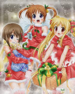 3girls armwear blonde_hair blue_eyes brown_hair christmas detached_sleeves dress elbow_gloves fate_testarossa female fingerless_gloves gift gloves long_hair lyrical_nanoha mahou_shoujo_lyrical_nanoha mahou_shoujo_lyrical_nanoha_a's multiple_females multiple_girls one_eye_closed pixiv_23908297 red_eyes sack safe shinozuki_takumi short_hair sinozuki sleeveless takamachi_nanoha tied_hair twintails yagami_hayate めりく…り？ // 1134x1417 // 1.2MB
