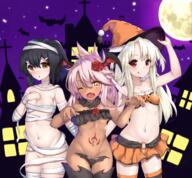 3girls ;o adult archway_of_venus bandage bandages bandeau black_hair blush bra breasts brown_skin chloe_von_einzbern cleavage closed_mouth commentary_request dark-skinned_female dark_skin dark_skinned_female demon_girl fang fate fatekaleid_liner_prisma_illya fate_(series) fate_kaleid_liner_prisma_illya female flower gluteal_fold groin hair_flower hair_ornament halloween halloween_costume hand_on_chest hand_on_own_chest hat highres illyasviel_von_einzbern loli long_hair maebari midriff miniskirt miyu_edelfelt moon multiple_females multiple_girls mummy mummy_costume naked_bandage naked_ribbon navel one_eye_closed open_mouth pettanko pink_hair pleated_skirt q questionable red_eyes revealing_clothes ribbon skimpy skin_fang skirt small_breasts smile stomach stomach_tattoo striped striped_legwear succubus tattoo thighhighs tongue tongue_out underboob underwear vampire_costume wink witch_hat yellow_eyes yuuki_nao_(pixiv10696483) // 2277x2108 // 4.1MB