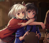 3girls black_hair blonde_hair blue_kimono closed_mouth embracing female furisode general grin high_resolution highres holding holding_object holding_tray hug hug_from_behind hugged_from_behind inoue_takina japanese_clothes kimono kurumi_(lycoris_recoil) long_hair looking_at_viewer lycoris_recoil multiple_girls nishikigi_chisato red_kimono robe safe short_hair smile teeth tied_hair tray twintails veterme wafuku yuri // 1741x1531 // 2.0MB