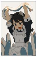 1girl 2 akai_sashimi animal animal_ears apron black_hair commentary_request female highres holding holding_animal maid maid_apron open_mouth original redslisedrawfish safe simple_background snake にん エプロンドレス 赤井さしみ // 791x1200 // 344.8KB