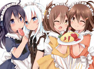 1 10s 4_females 4girls ;) ahoge akatsuki_(kancolle) akatsuki_(kantai_collection) alternate_costume black_eyes black_hair blue_eyes brown_eyes brown_hair commentary_request female folded_ponytail food hair_clip hair_ornament hair_tie hairclip hibiki_(kancolle) hibiki_(kantai_collection) high_resolution highres ikazuchi_(kancolle) ikazuchi_(kantai_collection) inazuma_(kancolle) inazuma_(kantai_collection) kantai_collection long_hair mature multiple_females multiple_girls namekuji_(namekuzu) namekuzi_mame one_eye_closed pixiv_50600617 pixiv_8741514 plate ponytail safe short_sleeves silver_hair simple_background smile tied_hair white_hair wink なめくじ ブラックサンダー 暁 暁型第六駆逐隊マジ天使 第六メイド隊！ 第六駆逐隊 衣装チェンジ私服艦娘メイド服 雷 電 響 // 2845x2085 // 484.8KB