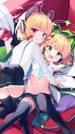2girls all_fours animal_ear_headphones animal_ears ass black_shorts black_skirt blue_archive blue_necktie blue_neckwear collared_shirt commentary_request controller dress_shirt fake_animal_ears feet_out_of_frame game_controller girl_on_top halo headphones highres holding jacket knees_together_feet_apart knees_up lolibooru long_sleeves looking_at_viewer looking_back lying midori_(blue_archive) momoi_(blue_archive) multiple_girls navel necktie on_back open_clothes open_jacket pleated_skirt questionable shiika_yuno shirt short_necktie short_shorts shorts siblings sisters skirt suspender_skirt suspenders tail thighhighs twins white_jacket white_shirt wide_sleeves // 675x1200 // 150.1KB