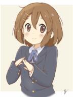 1girl bangs blue_jacket blue_ribbon blush bob_cut brown_eyes brown_hair closed_mouth commentary_request hair_between_eyes hair_ornament hairclip hands_up hirasawa_yui jacket k-on! letterboxed long_sleeves looking_at_viewer ma-2_(konkon_kitakitsune) medium_hair neck_ribbon outside_border ribbon safe sakuragaoka_high_school_uniform school_uniform signature simple_background smile solo upper_body winter_uniform // 600x800 // 270.6KB