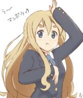 1girl anime arm_up bangs blonde_hair blue_eyes blue_jacket blue_ribbon closed_mouth commentary_request hair_between_eyes jacket k-on! kotobuki_tsumugi light_blush long_hair long_sleeves looking_at_viewer ma-2_(konkon_kitakitsune) musical_note neck_ribbon pout ribbon safe sakuragaoka_high_school_uniform school_uniform signature simple_background solo translated translation_request upper_body very_long_hair white_background winter_uniform // 650x770 // 344.0KB