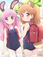 2girls ahoge animal_ears backpack bad_id bad_twitter_id bag blue_swimsuit blush brown_eyes dog_ears dog_tail embarrassed eyebrows_visible_through_hair hair_ribbon hanamura_karen highres long_hair looking_back medium_hair multiple_girls old_school_swimsuit one-piece_swimsuit outdoors pink_hair ponponpale rabbit_ears rabbit_tail randoseru red_eyes ribbon rilu_rilu_fairilu safe sakuraba_kano school_bag school_swimsuit sweatdrop swimsuit tail thigh-highs thighhighs wavy_mouth white_legwear // 1024x1366 // 178.7KB