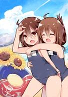 10s 2girls beach brown_eyes brown_hair cloud cloudy_sky commentary_request d day fang female flower folded_ponytail hair_clip hair_ornament hair_tie hairclip high_resolution highres hug hug_from_behind ikazuchi_(kancolle) ikazuchi_(kantai_collection) inazuma_(kancolle) inazuma_(kantai_collection) innertube kantai_collection multiple_females multiple_girls name_tag namekuji_(namekuzu) namekuzi_mame ocean one-piece_swimsuit open_mouth outdoors outside ponytail safe school_swimsuit short_hair sky smile summer sunflower swimsuit swimwear tied_hair // 1000x1412 // 151.8KB