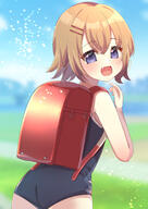 1girl backpack bag bangs bare_arms bare_shoulders black_swimsuit blurry blurry_background brown_hair commentary_request d depth_of_field eyebrows_visible_through_hair fang hair_between_eyes hair_ornament hairclip highres looking_at_viewer looking_back one-piece_swimsuit open_mouth original purple_eyes randoseru safe school_swimsuit smile solo suzu_(minagi) swimsuit violet_eyes // 1447x2047 // 1.4MB