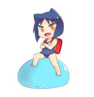 1girl 3 animal_ears arcana_heart backpack bag bangs barefoot blue_hair blue_slime cat_ears chibi crossed_arms daidouji_kira empty_eyes eyebrows_visible_through_hair fang full_body looking_at_viewer navel one-piece_swimsuit open_mouth orange_eyes pecka randoseru red_bag school_swimsuit short_hair simple_background skin_fang slime_(creature) swimsuit v-shaped_eyebrows white_background // 992x1016 // 226.8KB