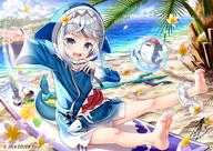 1girl bangs barefoot beach bloop_(gawr_gura) blue_eyes blue_hair blunt_bangs blush eyebrows_visible_through_hair fish_tail fujima_takuya gawr_gura hair_ornament hololive hololive_english hood hoodie lolibooru long_hair looking_at_viewer multicolored_hair multicoloured_hair ocean official_art open_mouth safe shark_tail sharp_teeth silver_hair smile soles streaked_hair tail teeth virtual_youtuber // 1000x709 // 216.9KB