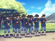 6+girls absurdres aiming american_civil_war black_hair black_headwear blonde_hair blue_eyes blue_shirt boots brown_eyes brown_hair canteen clenched_teeth day forest grass gun hair_over_one_eye hat hat_over_eyes highres holding holding_gun holding_weapon long_hair medium_hair military military_uniform mountain multiple_girls musket nature original rifle shirt short_hair teeth tree turtatoart uniform united_states_army weapon // 3416x2550 // 1.1MB