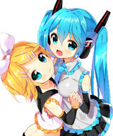 2girls 3 aor3507 aqua_eyes aqua_hair blonde_hair detached_sleeves female hair_ornament hair_ribbon hairclip hand_holding hatsune_miku headphones high_resolution highres ikari_(aor3507) interlocked_fingers kagamine_rin long_hair looking_at_viewer mature multiple_females multiple_girls necktie pixiv_59093431 pov ribbon safe shinkansen_henkei_robo_shinkalion simple_background skirt tied_hair twintails very_long_hair vocaloid vocaloid1000users入り white_background いかり@お仕事募集中 ボーカロイド ミクリン // 1000x1200 // 1003.4KB