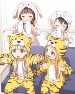 4girls absurdres animal_costume animal_ear_fluff animal_ears animal_print bangs black_hair blunt_bangs brown_hair chinese_zodiac commentary cosplay general hair_ornament highres hisakawa_nagi ichihara_nina idolmaster idolmaster_cinderella_girls kigurumi long_hair multiple_girls new_year ogata_chieri pajamas rabbit_ears sasaki_chie tiger_costume tiger_print year_of_the_rabbit year_of_the_tiger yukie_(kusaka_shi) // 2066x2599 // 711.4KB