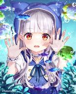 1girl air_bubble animal animal_ears animal_hood bangs blue_dress blue_ribbon blunt_bangs blurry blurry_foreground bubble clothing commentary_request depth_of_field dress fake_animal_ears female fish fujima_takuya general grey_hair hands_up hood hood_up isekai_ni_tobasaretara_papa_ni_nattandaga jacket long_hair looking_at_viewer mocochin neck_ribbon orurea_(isepapa) puffy_short_sleeves puffy_sleeves red_eyes ribbon safe short_sleeves solo teeth twitter_username upper_body upper_teeth very_long_hair water white_jacket wrist_cuffs いせパパ応援イラスト_水族館 オリジナル オルレア オルレア(いせパパ) 異世界に飛ばされたらパパになったんだが 藤真拓哉@シグルリ // 662x818 // 157.9KB