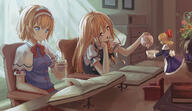 3girls ahoge alice_margatroid blonde blonde_hair blue_eyes book bow bowtie braid closed_mouth commentary_request cup curtains dress drink duo female group hairband headdress indoors inside kirisame_marisa long_hair multiple_females multiple_girls no_hat no_headwear open_mouth red_bow red_bowtie red_eyes red_neckwear red_ribbon ribbon roke roke_(taikodon) safe sankaku_channel shanghai shanghai_doll short_hair short_sleeves single_braid sitting smile taikodon tea teacup tied_hair touhou touhou_project window yellow_eyes ほのぼの東方 ろけ マリアリ 上海人形 少し退屈 // 1410x814 // 898.4KB
