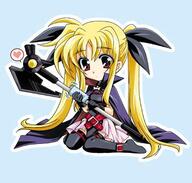 00s 1_female bardiche blonde_hair blush chibi fate_testarossa female gloves heart heart_symbol jpeg_artifacts kanna_(plum) long_hair lyrical_nanoha mahou_shoujo_lyrical_nanoha mature polishing red_eyes safe solo spoken_heart thigh-highs thighhighs tied_hair twintails very_long_hair // 516x492 // 48.3KB