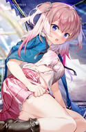 1girl bangs black_footwear blue_jacket blurry blurry_background blush boots bow bow_bra bra breasts chessboard commentary_request depth_of_field fujima_takuya hair_between_eyes jacket jacket_on_shoulders long_hair looking_at_viewer medium_breasts mocochin novel_illustration official_art open_mouth original outdoors pink_bra pink_hair pink_skirt pleated_skirt purple_eyes sensitive shirt sitting skirt solo sweat s級学園の自称「普通」 teeth torn_clothes torn_shirt two_side_up underwear upper_teeth upper_teeth_only white_shirt yokozuwari た……助けてくれて、ありがとう…… ライトノベル 制服 服ビリ 藤真拓哉 // 625x960 // 592.8KB