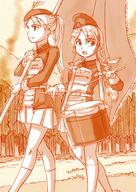 2girls drum drumsticks epaulettes flag hat highres holding instrument kageng long_hair long_sleeves marching military military_uniform multiple_girls original ponytail skirt snare_drum soldier tied_hair uniform // 1446x2046 // 2.9MB