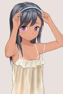 1girl adjusting_clothes adjusting_headwear bikini_tan black_hair blue_hairband closed_mouth contentious_content dot_nose dress eyebrows_visible_through_hair female grey_background hairband hands_up loli lolibooru long_hair looking_at_viewer original purple_eyes q questionable sankaku sekiya_asami simple_background solo strap_slip sundress tan tanline tanlines tanned upper_body wardrobe_malfunction // 500x750 // 44.2KB