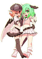 1 2girls adapted_costume alternate_costume alternate_headwear alternative_headwear animal_ears belt bird_wings blush boots bracelet brown_legwear choujuu_gigaku commentary_request crop_top crop_top_overhang ears fangs female footwear full_body green green_eyes green_hair hat high_resolution highres jewelry kasodani_kyouko koumakantv legwear looking_at_viewer mary_janes mature microphone midriff miniskirt multiple_females multiple_girls mystia_lorelei navel open_mouth pink pink_eyes pink_hair pixiv_50641300 potential_duplicate pov puffy_sleeves safe shamo_(koumakantv) shoes short_hair short_sleeves simple_background skirt smile stomach tail thigh-highs thighhighs thighs touhou white_background wings zettai_ryouiki ミスティア・ローレライ 大妖精 東方project250users入り 落書き // 1050x1461 // 183.4KB