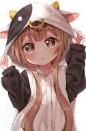 1girl animal_costume animal_ears bangs blush brown_eyes brown_hair buttons commentary_request cow_costume cow_ears cow_hood fake_animal_ears fake_horns general hands_up highres hood hood_up hooded_pajamas horns long_hair looking_at_viewer o oomuro-ke oomuro_hanako pajamas parted_lips signature simple_background solo upper_body usagi_koushaku white_background yuru_yuri // 905x1383 // 990.4KB