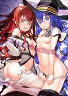 2girls ahoge ass bangs bare_arms bare_shoulders bare_thighs bed_sheet black_hair_ornament black_hairband black_headwear blue_eyes blue_hair blush braid breasts bunching_hair capelet clothes_pull clothing contentious_content cowboy_shot crossed_bangs eris_boreas_greyrat eris_greyrat eyebrows eyebrows_visible_through_hair female fujima_takuya hair_between_eyes hairband hat headwear lolibooru long_hair looking_at_viewer lying medium_breasts multiple_girls mushoku__isekai_ittara_honki_dasu mushoku_tensei navel nude on_side open_mouth panties pantsu pantsu_pull panty_pull questionable red_eyes red_hair roxy_migurdia sankaku_channel small_breasts thick_eyebrows thighs tied_hair twin_braids underwear underwear_pull v-shaped_eyebrows very_long_hair white_capelet window_shade witch_hat // 708x1003 // 187.5KB